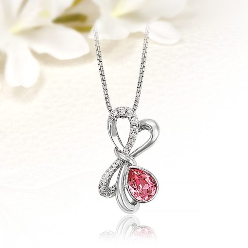 Szépséges, masnis, csepp alakú csepp rózsaszín Swarovski kristályos nyaklánc SWN-XP-B071P